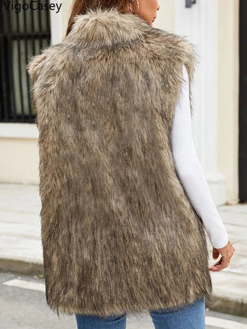 Sleeveless Thick Faux Fur Vest Coat Woman Khaki Plush Warm Waistcoat - American Thistle Sleeveless Thick Faux Fur Vest Coat Woman Khaki Plush Warm Waistcoat