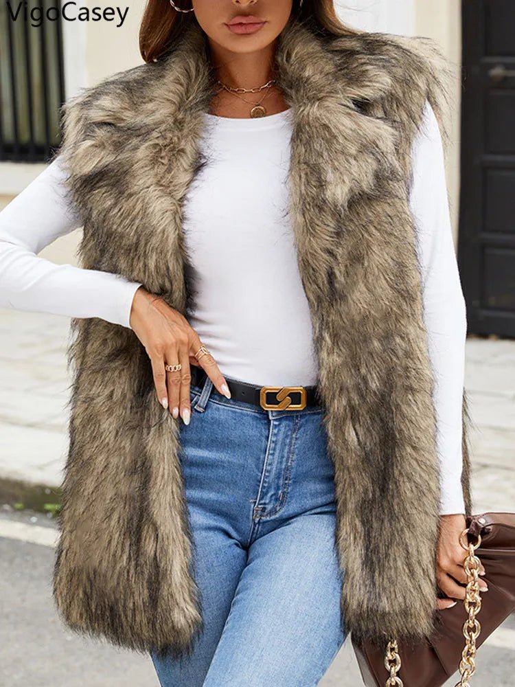 Sleeveless Thick Faux Fur Vest Coat Woman Khaki Plush Warm Waistcoat - American Thistle Sleeveless Thick Faux Fur Vest Coat Woman Khaki Plush Warm Waistcoat