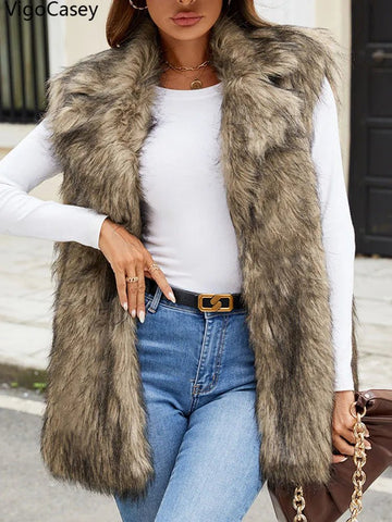 Sleeveless Thick Faux Fur Vest Coat Woman Khaki Plush Warm Waistcoat - American Thistle Sleeveless Thick Faux Fur Vest Coat Woman Khaki Plush Warm Waistcoat