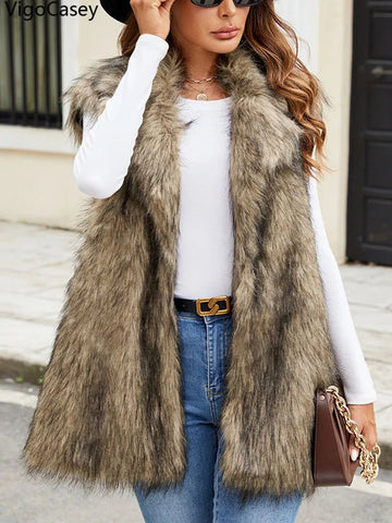 Sleeveless Thick Faux Fur Vest Coat Woman Khaki Plush Warm Waistcoat - American Thistle Sleeveless Thick Faux Fur Vest Coat Woman Khaki Plush Warm Waistcoat