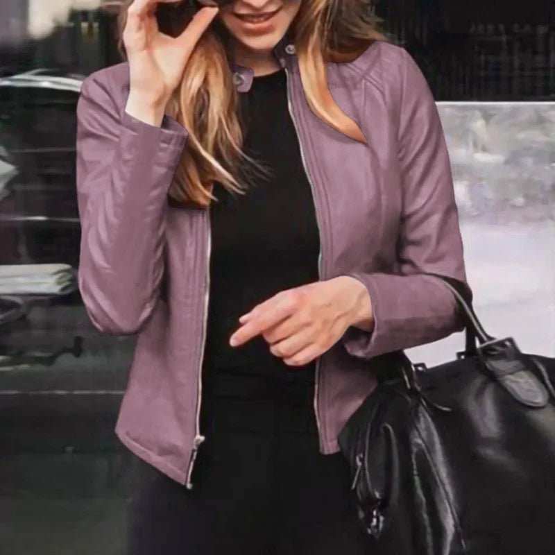 Slim Fit Faux Leather Jacket Women Classic Moto Biker - American Thistle Slim Fit Faux Leather Jacket Women Classic Moto Biker