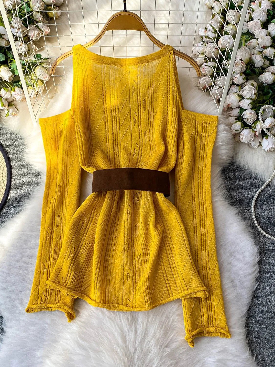 Slimming Knitted Long - Sleeve Pullover with Belt Design for Women Autumn - American Thistle Slimming Knitted Long - Sleeve Pullover with Belt Design for Women Autumn