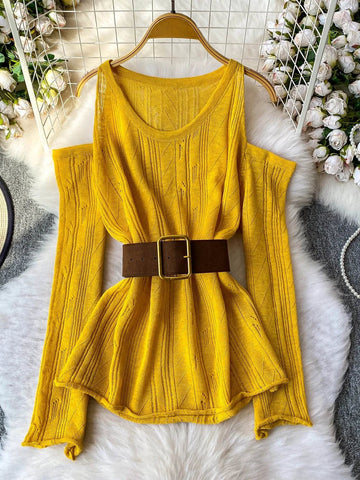 Slimming Knitted Long - Sleeve Pullover with Belt Design for Women Autumn - American Thistle Slimming Knitted Long - Sleeve Pullover with Belt Design for Women Autumn