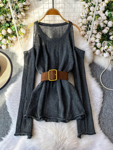 Slimming Knitted Long - Sleeve Pullover with Belt Design for Women Autumn - American Thistle Slimming Knitted Long - Sleeve Pullover with Belt Design for Women Autumn