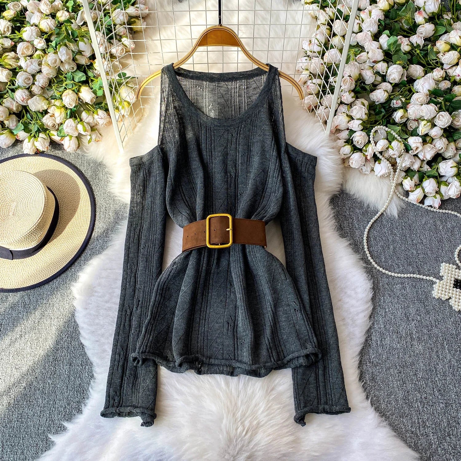 Slimming Knitted Long - Sleeve Pullover with Belt Design for Women Autumn - American Thistle Slimming Knitted Long - Sleeve Pullover with Belt Design for Women Autumn