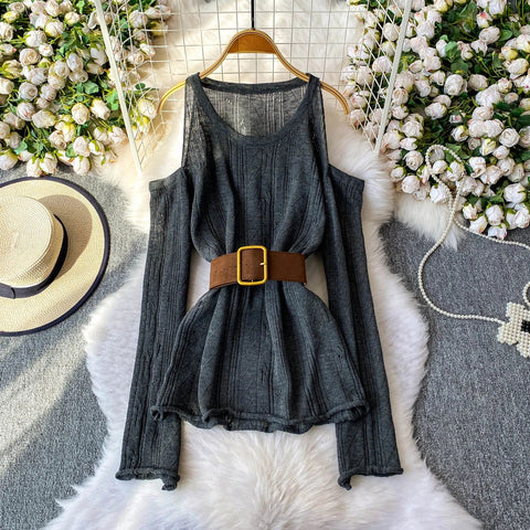 Slimming Knitted Long - Sleeve Pullover with Belt Design for Women Autumn - American Thistle Slimming Knitted Long - Sleeve Pullover with Belt Design for Women Autumn