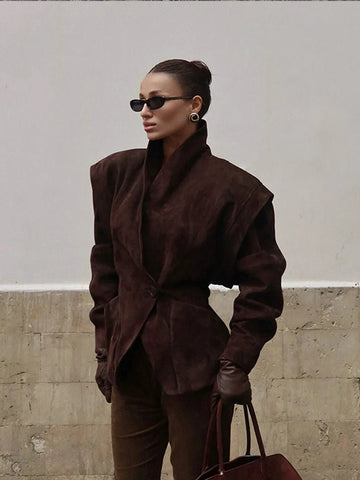 Solid Waist Cinching Blazer Women Shoulder Pads Lapel Single Breasted Long Sleeves Jackets Chic Elegant Casual Street Outerwear - American Thistle Solid Waist Cinching Blazer Women Shoulder Pads Lapel Single Breasted Long Sleeves Jackets Chic Elegant Casual Street Outerwear