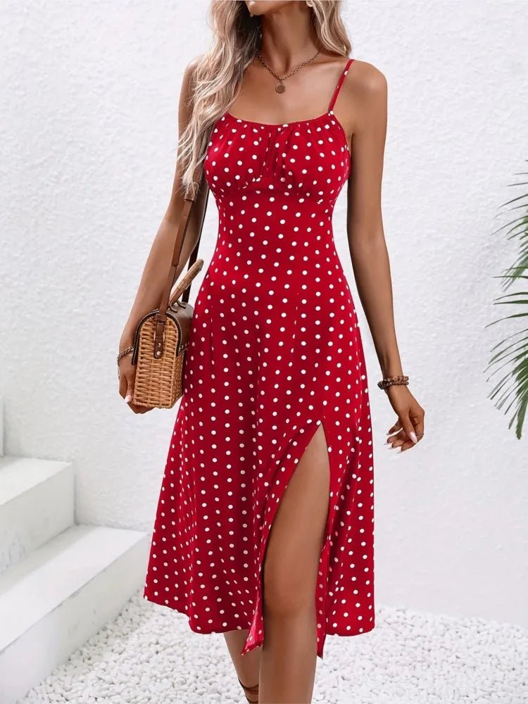 Spaghetti Straps Dress Women Fashion Polka Dot Print Sleeveless Slit Dress - American Thistle Spaghetti Straps Dress Women Fashion Polka Dot Print Sleeveless Slit Dress
