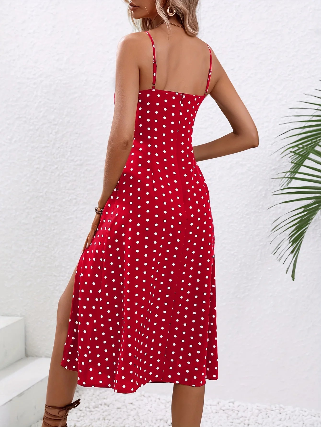Spaghetti Straps Dress Women Fashion Polka Dot Print Sleeveless Slit Dress - American Thistle Spaghetti Straps Dress Women Fashion Polka Dot Print Sleeveless Slit Dress