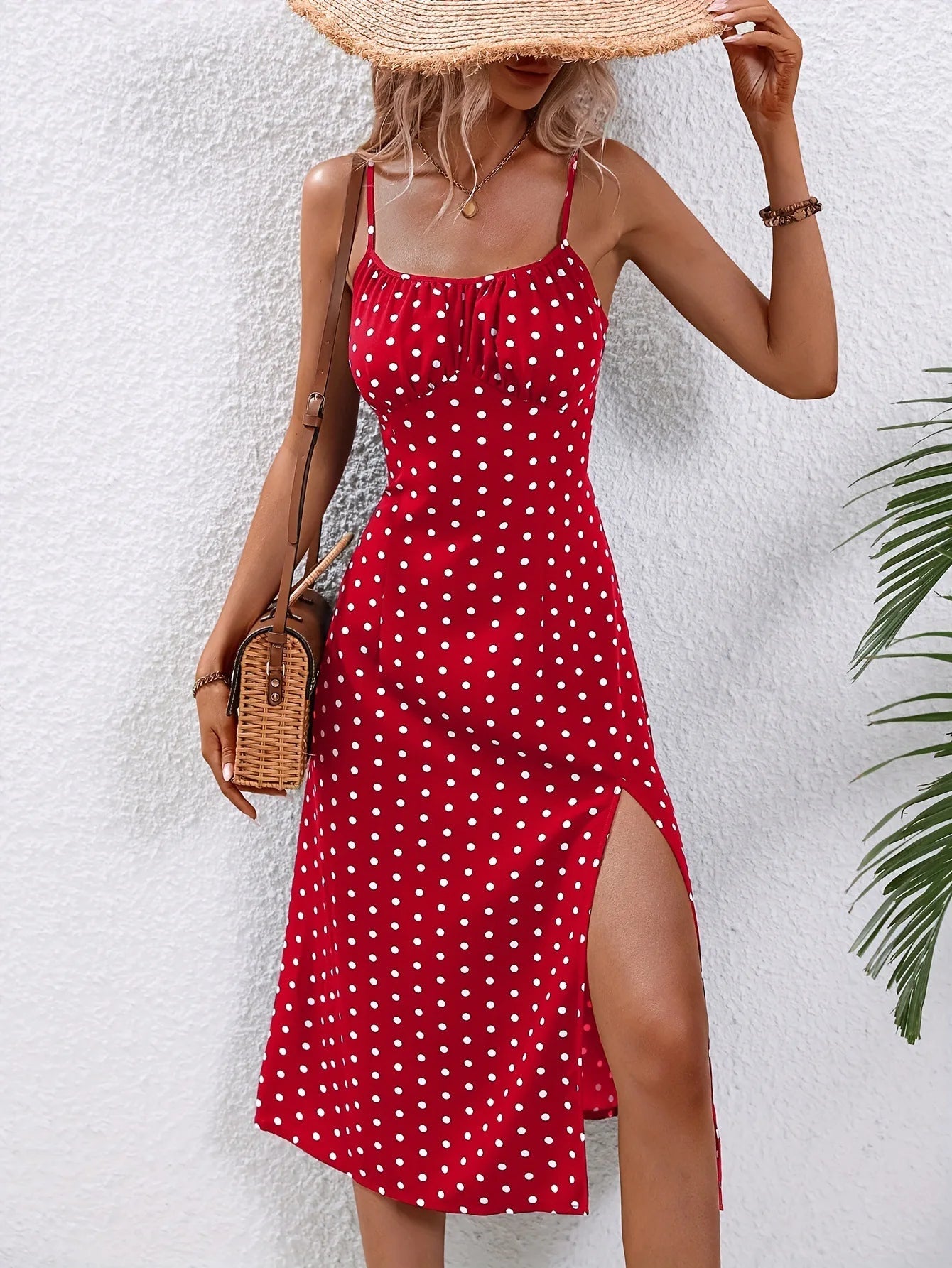 Spaghetti Straps Dress Women Fashion Polka Dot Print Sleeveless Slit Dress - American Thistle Spaghetti Straps Dress Women Fashion Polka Dot Print Sleeveless Slit Dress