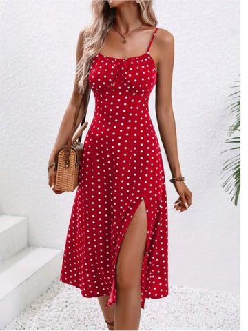 Spaghetti Straps Dress Women Fashion Polka Dot Print Sleeveless Slit Dress - American Thistle Spaghetti Straps Dress Women Fashion Polka Dot Print Sleeveless Slit Dress