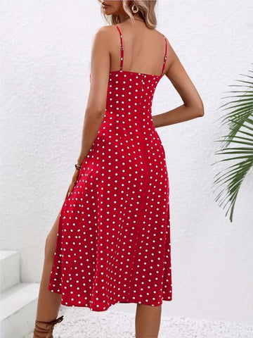 Spaghetti Straps Dress Women Fashion Polka Dot Print Sleeveless Slit Dress - American Thistle Spaghetti Straps Dress Women Fashion Polka Dot Print Sleeveless Slit Dress