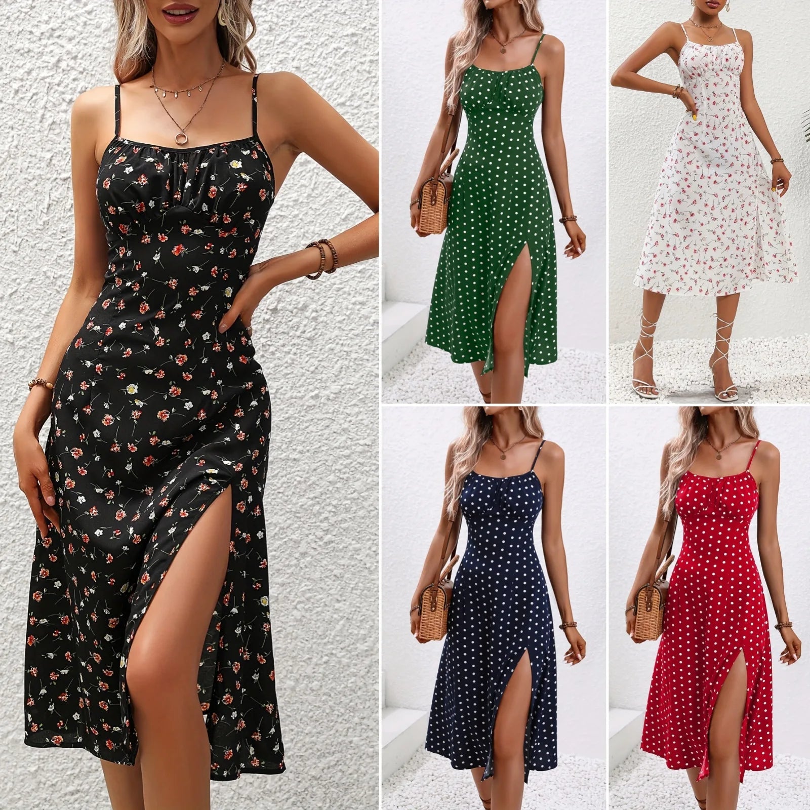 Spaghetti Straps Dress Women Fashion Polka Dot Print Sleeveless Slit Dress - American Thistle Spaghetti Straps Dress Women Fashion Polka Dot Print Sleeveless Slit Dress