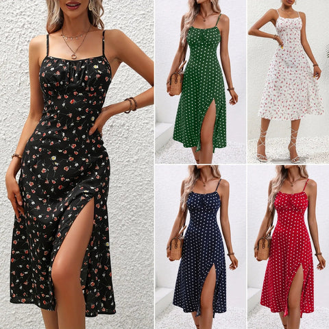 Spaghetti Straps Dress Women Fashion Polka Dot Print Sleeveless Slit Dress - American Thistle Spaghetti Straps Dress Women Fashion Polka Dot Print Sleeveless Slit Dress