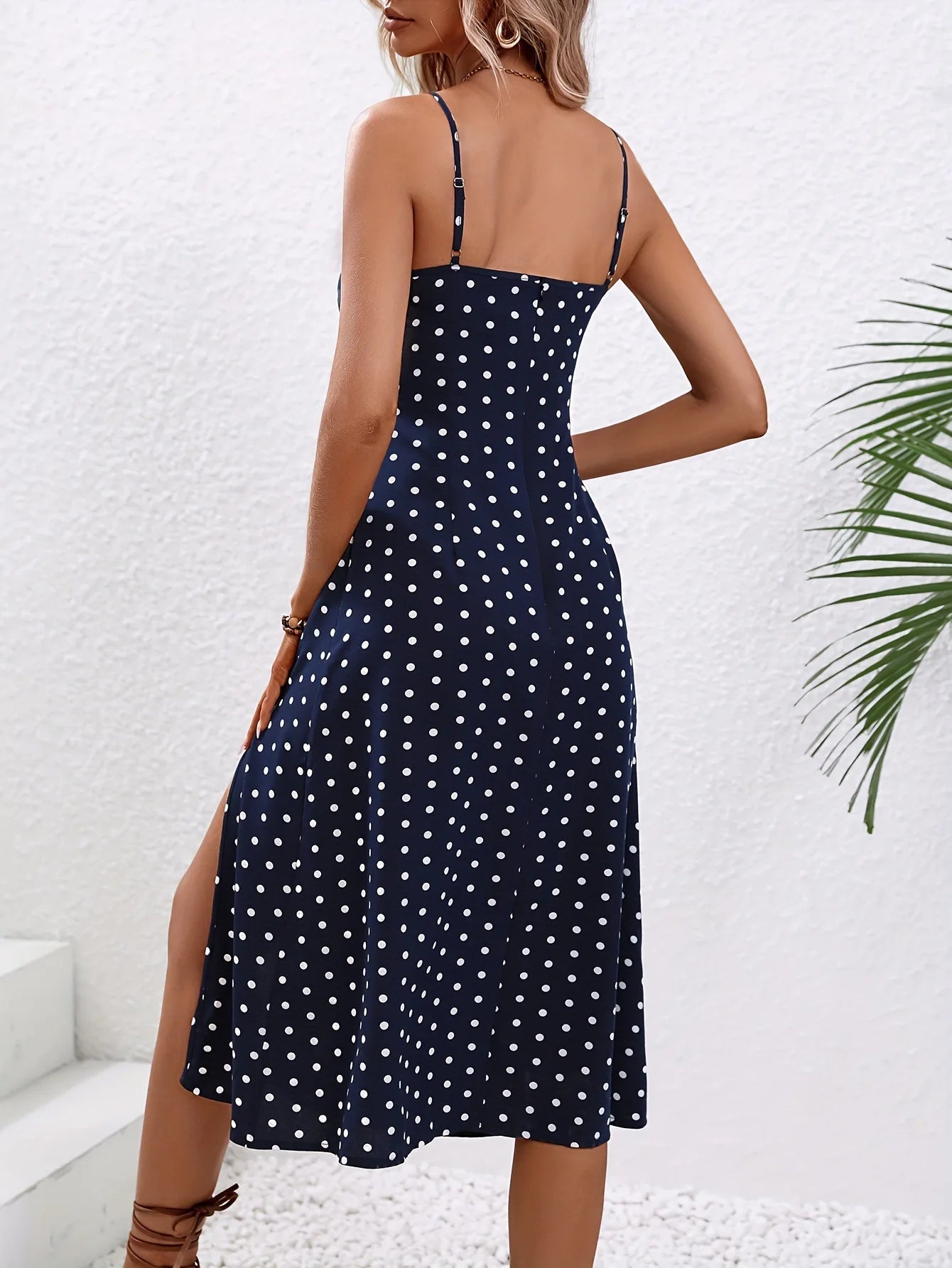 Spaghetti Straps Dress Women Fashion Polka Dot Print Sleeveless Slit Dress - American Thistle Spaghetti Straps Dress Women Fashion Polka Dot Print Sleeveless Slit Dress