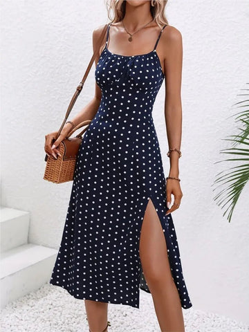Spaghetti Straps Dress Women Fashion Polka Dot Print Sleeveless Slit Dress - American Thistle Spaghetti Straps Dress Women Fashion Polka Dot Print Sleeveless Slit Dress