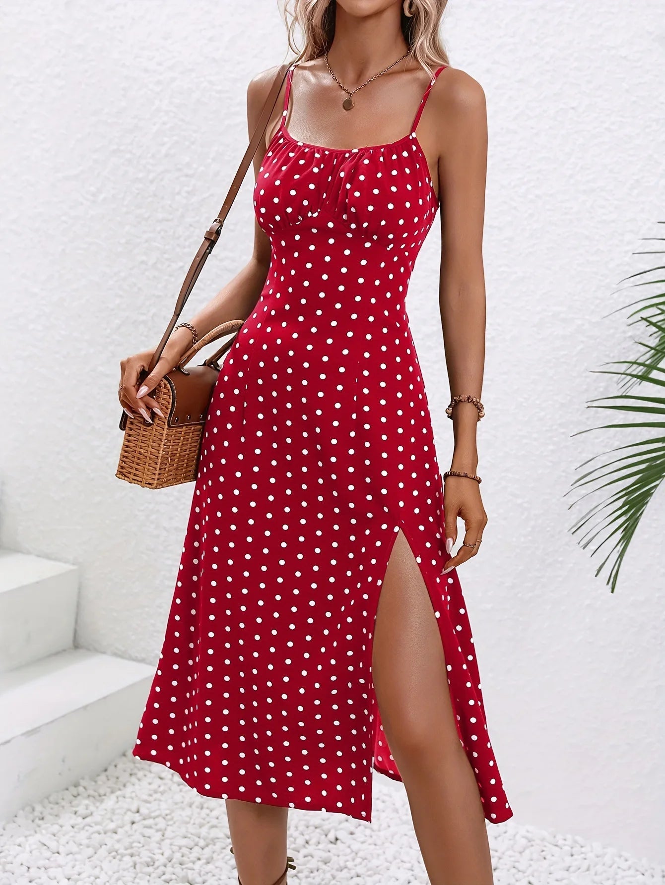 Spaghetti Straps Dress Women Fashion Polka Dot Print Sleeveless Slit Dress - American Thistle Spaghetti Straps Dress Women Fashion Polka Dot Print Sleeveless Slit Dress