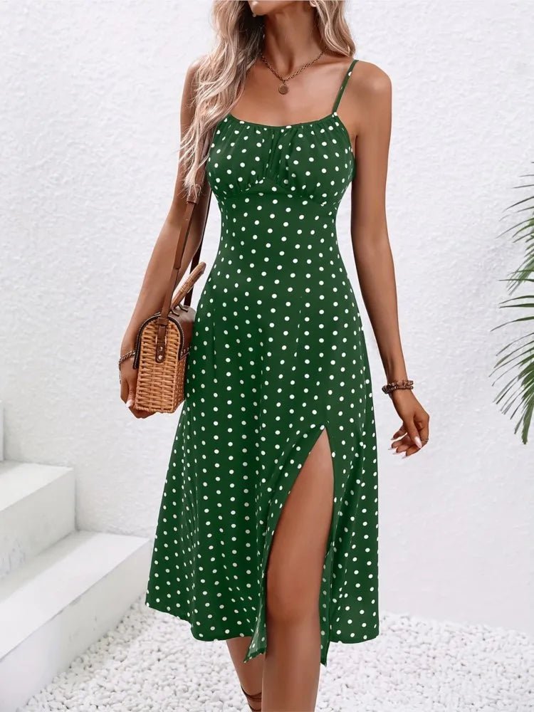 Spaghetti Straps Dress Women Fashion Polka Dot Print Sleeveless Slit Dress - American Thistle Spaghetti Straps Dress Women Fashion Polka Dot Print Sleeveless Slit Dress