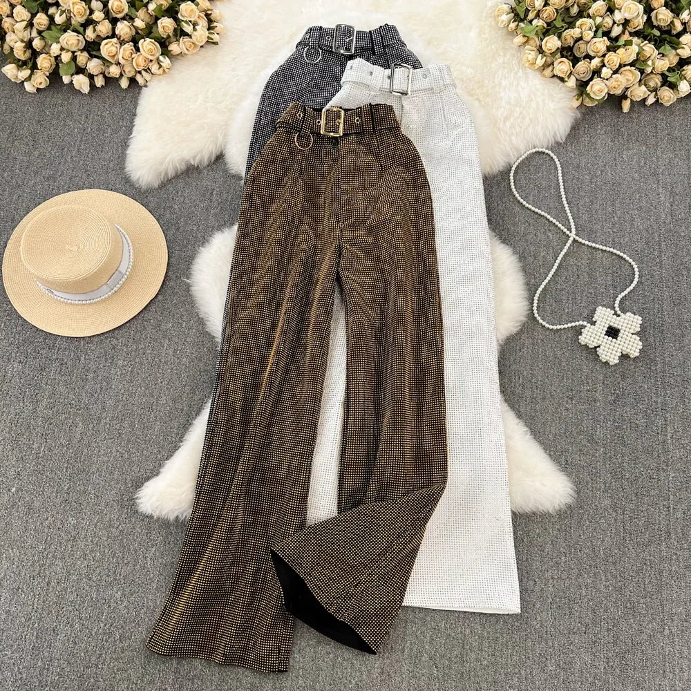 Spring and Autumn Vintage Temperament Sparkling Diamonds Casual Long Pants High Waist Slim Wide Leg Pants for Women - American Thistle Spring and Autumn Vintage Temperament Sparkling Diamonds Casual Long Pants High Waist Slim Wide Leg Pants for Women