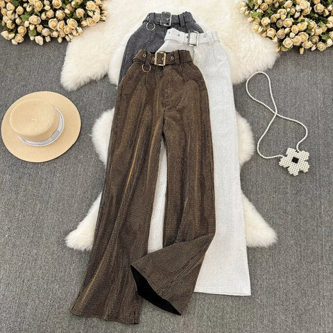 Spring and Autumn Vintage Temperament Sparkling Diamonds Casual Long Pants High Waist Slim Wide Leg Pants for Women - American Thistle Spring and Autumn Vintage Temperament Sparkling Diamonds Casual Long Pants High Waist Slim Wide Leg Pants for Women