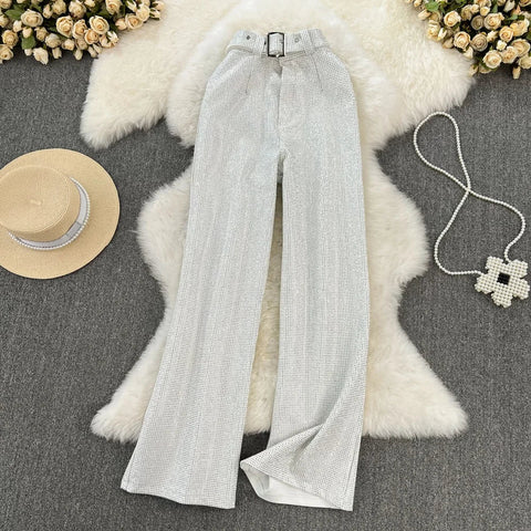 Spring and Autumn Vintage Temperament Sparkling Diamonds Casual Long Pants High Waist Slim Wide Leg Pants for Women - American Thistle Spring and Autumn Vintage Temperament Sparkling Diamonds Casual Long Pants High Waist Slim Wide Leg Pants for Women