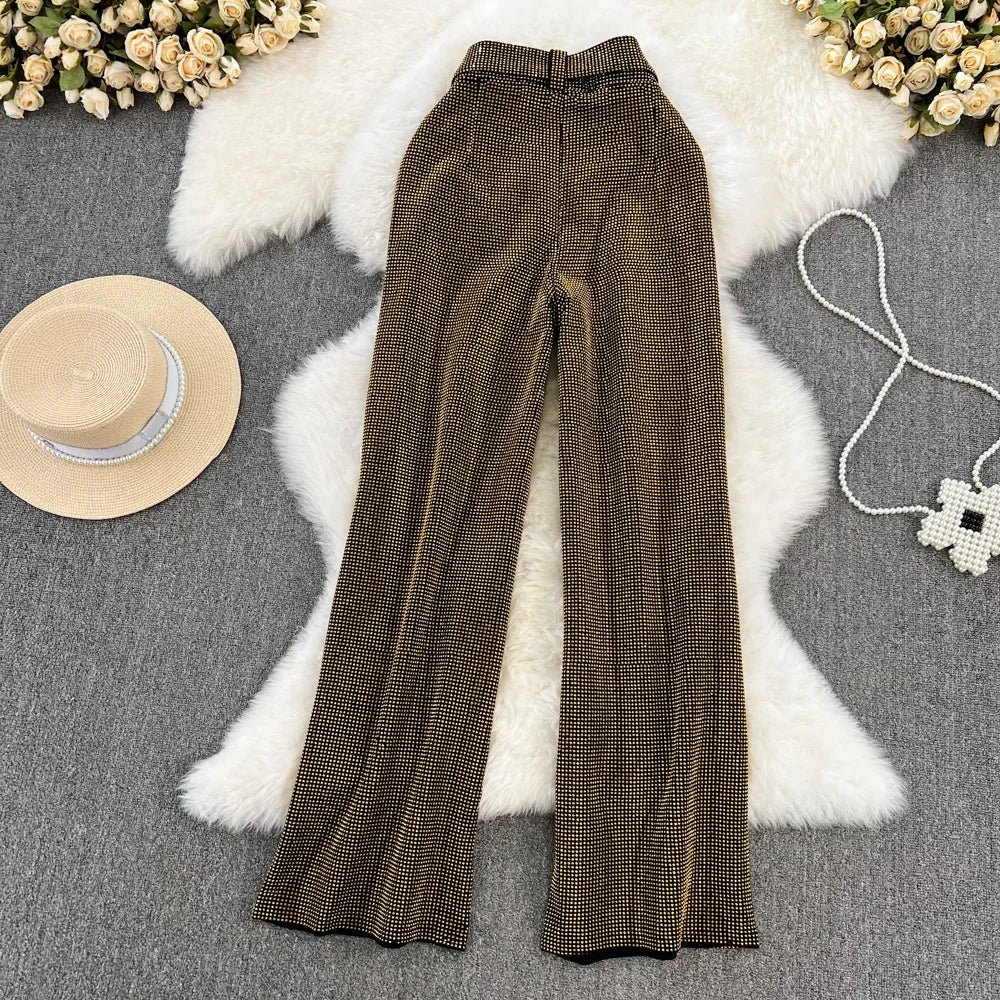 Spring and Autumn Vintage Temperament Sparkling Diamonds Casual Long Pants High Waist Slim Wide Leg Pants for Women - American Thistle Spring and Autumn Vintage Temperament Sparkling Diamonds Casual Long Pants High Waist Slim Wide Leg Pants for Women