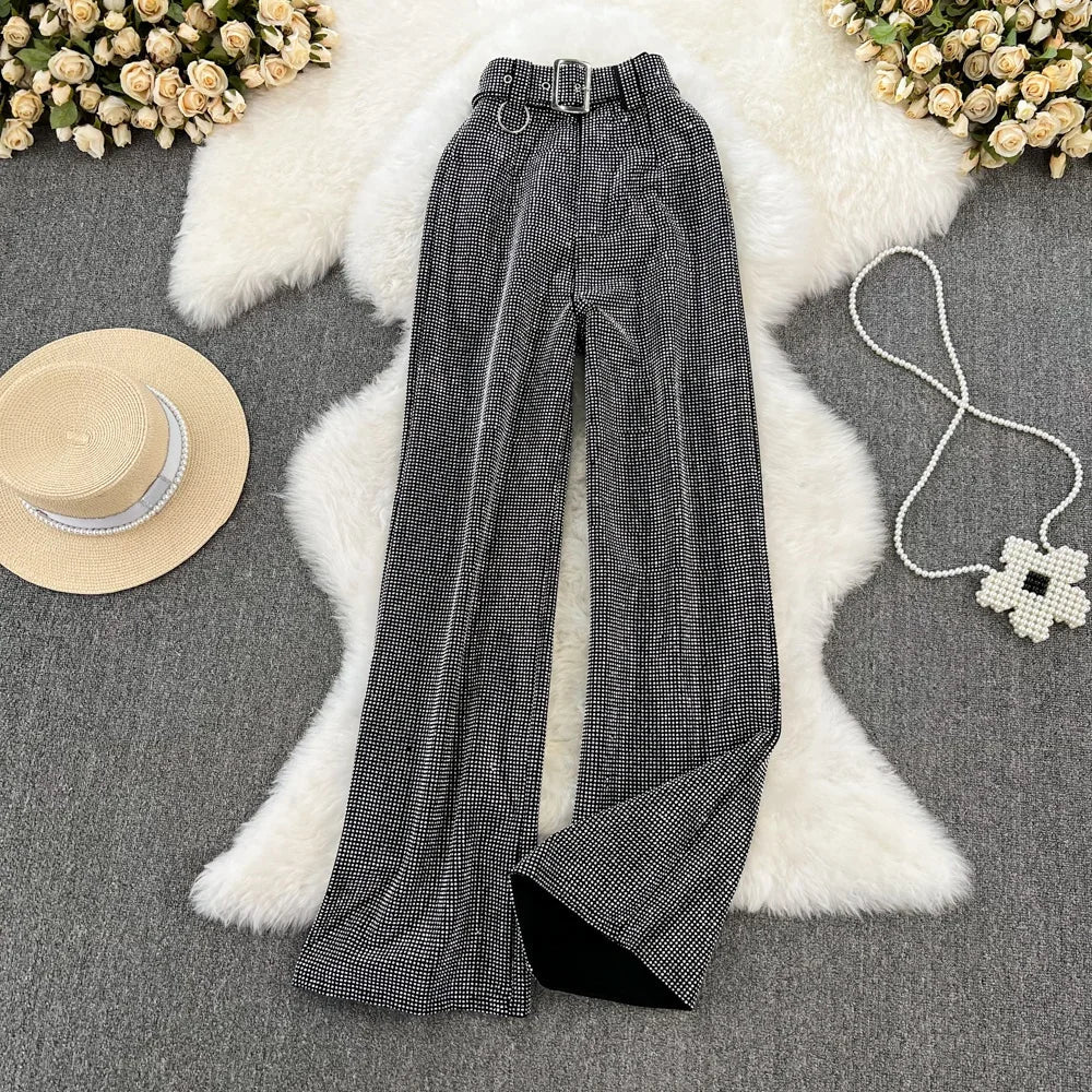 Spring and Autumn Vintage Temperament Sparkling Diamonds Casual Long Pants High Waist Slim Wide Leg Pants for Women - American Thistle Spring and Autumn Vintage Temperament Sparkling Diamonds Casual Long Pants High Waist Slim Wide Leg Pants for Women