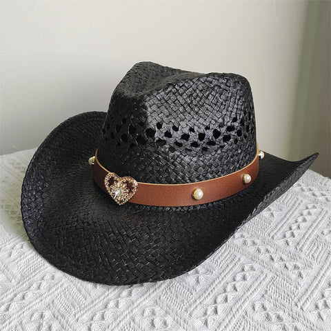 Straw Western Cowboy Hat Woman Men Hollow Outdoor Vintage Summer Beach Cap Jazz Top Hat Sun Protection Caps Love Belt - American ThistleStraw Western Cowboy Hat Woman Men Hollow Outdoor Vintage Summer Beach Cap Jazz Top Hat Sun Protection Caps Love Belt