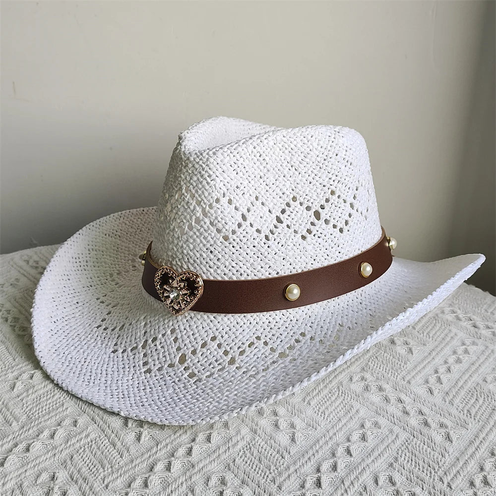 Straw Western Cowboy Hat Woman Men Hollow Outdoor Vintage Summer Beach Cap Jazz Top Hat Sun Protection Caps Love Belt - American ThistleStraw Western Cowboy Hat Woman Men Hollow Outdoor Vintage Summer Beach Cap Jazz Top Hat Sun Protection Caps Love Belt