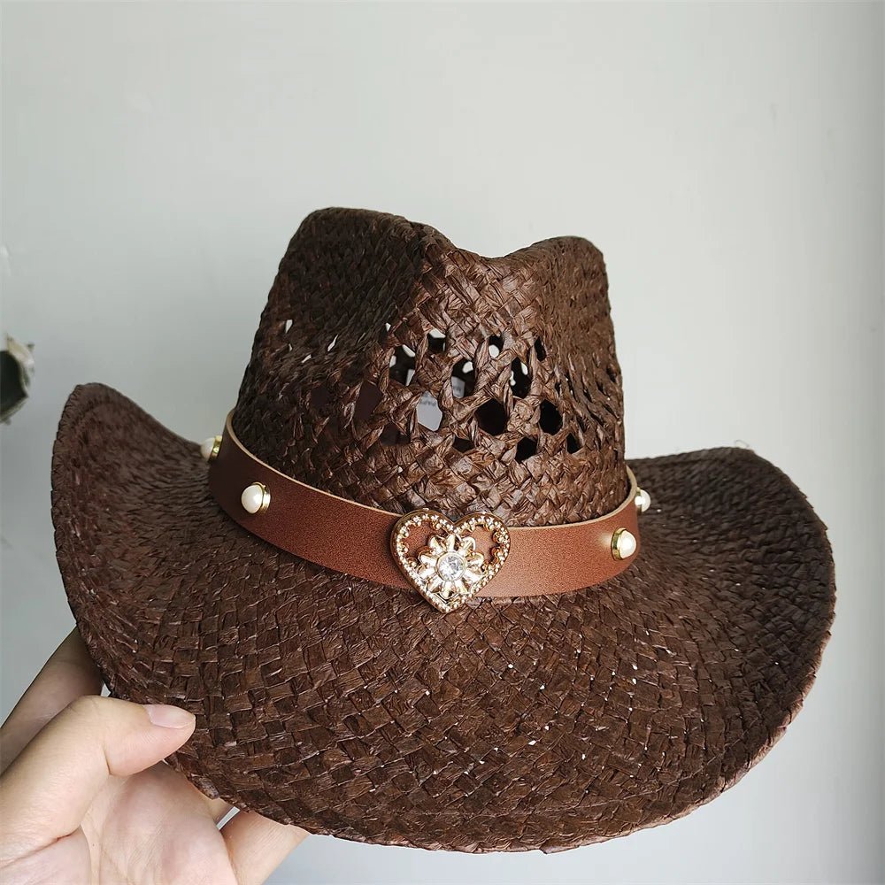 Straw Western Cowboy Hat Woman Men Hollow Outdoor Vintage Summer Beach Cap Jazz Top Hat Sun Protection Caps Love Belt - American ThistleStraw Western Cowboy Hat Woman Men Hollow Outdoor Vintage Summer Beach Cap Jazz Top Hat Sun Protection Caps Love Belt