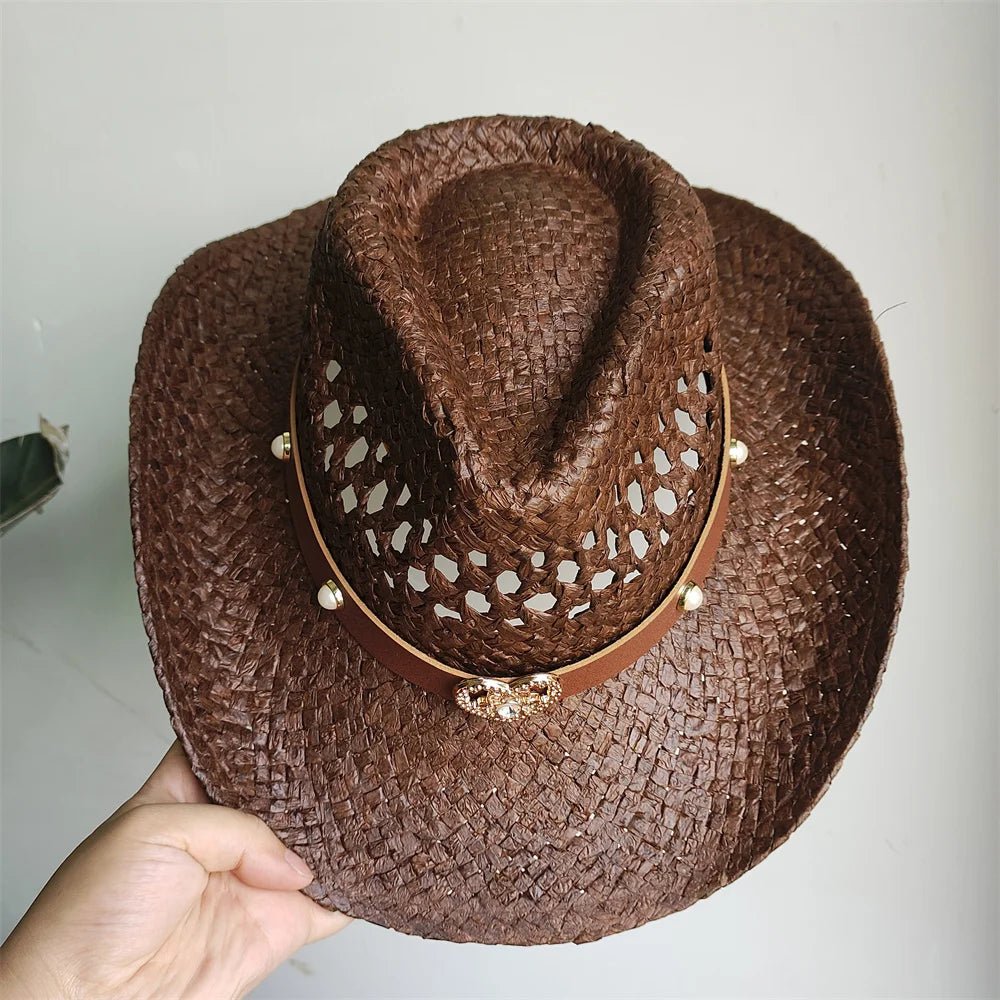 Straw Western Cowboy Hat Woman Men Hollow Outdoor Vintage Summer Beach Cap Jazz Top Hat Sun Protection Caps Love Belt - American ThistleStraw Western Cowboy Hat Woman Men Hollow Outdoor Vintage Summer Beach Cap Jazz Top Hat Sun Protection Caps Love Belt