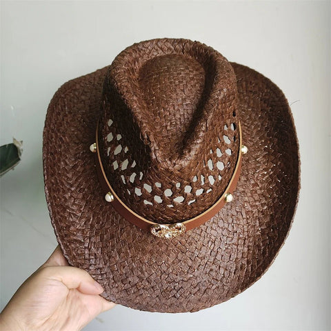 Straw Western Cowboy Hat Woman Men Hollow Outdoor Vintage Summer Beach Cap Jazz Top Hat Sun Protection Caps Love Belt - American ThistleStraw Western Cowboy Hat Woman Men Hollow Outdoor Vintage Summer Beach Cap Jazz Top Hat Sun Protection Caps Love Belt