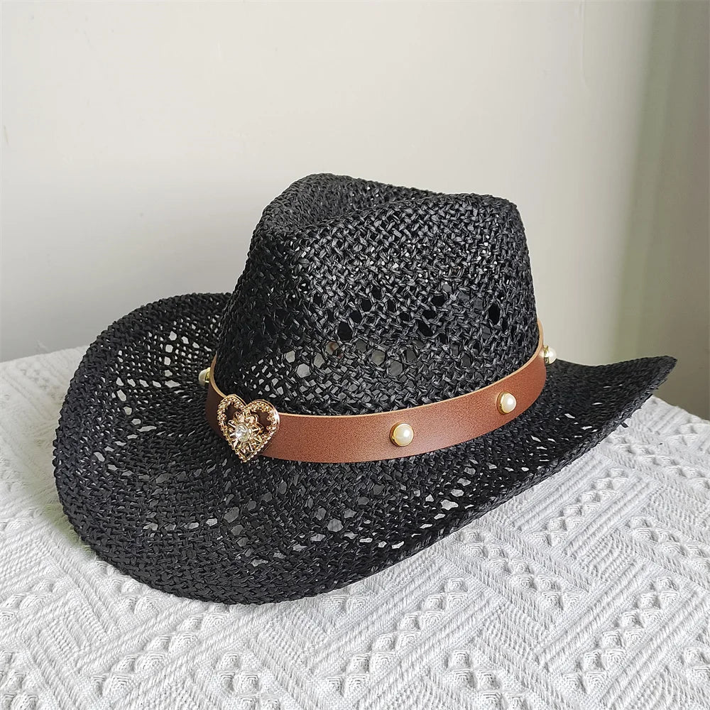 Straw Western Cowboy Hat Woman Men Hollow Outdoor Vintage Summer Beach Cap Jazz Top Hat Sun Protection Caps Love Belt - American ThistleStraw Western Cowboy Hat Woman Men Hollow Outdoor Vintage Summer Beach Cap Jazz Top Hat Sun Protection Caps Love Belt
