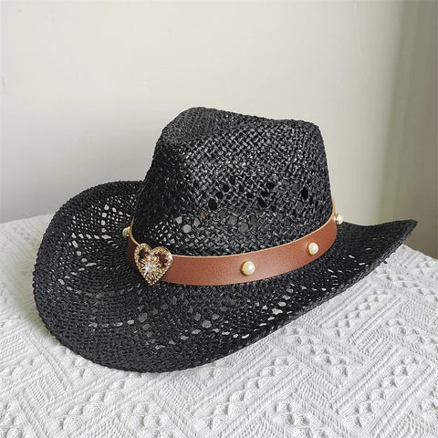 Straw Western Cowboy Hat Woman Men Hollow Outdoor Vintage Summer Beach Cap Jazz Top Hat Sun Protection Caps Love Belt - American ThistleStraw Western Cowboy Hat Woman Men Hollow Outdoor Vintage Summer Beach Cap Jazz Top Hat Sun Protection Caps Love Belt