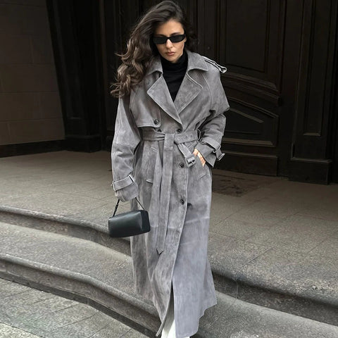 Street Solid Long Women Coat Casual Belt Long Sleeve Patchwork Double Breasted Female Jacket Autumn Lady Streetwear - American Thistle Street Solid Long Women Coat Casual Belt Long Sleeve Patchwork Double Breasted Female Jacket Autumn Lady Streetwear