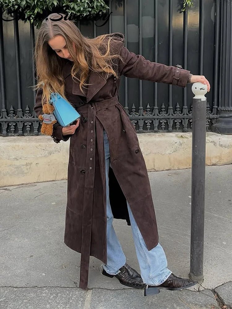 Street Solid Long Women Coat Casual Belt Long Sleeve Patchwork Double Breasted Female Jacket Autumn Lady Streetwear - American Thistle Street Solid Long Women Coat Casual Belt Long Sleeve Patchwork Double Breasted Female Jacket Autumn Lady Streetwear