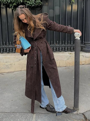 Street Solid Long Women Coat Casual Belt Long Sleeve Patchwork Double Breasted Female Jacket Autumn Lady Streetwear - American Thistle Street Solid Long Women Coat Casual Belt Long Sleeve Patchwork Double Breasted Female Jacket Autumn Lady Streetwear