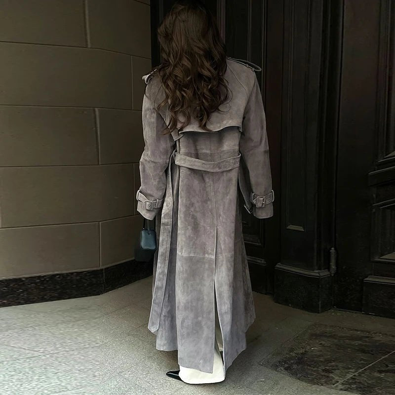 Street Solid Long Women Coat Casual Belt Long Sleeve Patchwork Double Breasted Female Jacket Autumn Lady Streetwear - American Thistle Street Solid Long Women Coat Casual Belt Long Sleeve Patchwork Double Breasted Female Jacket Autumn Lady Streetwear