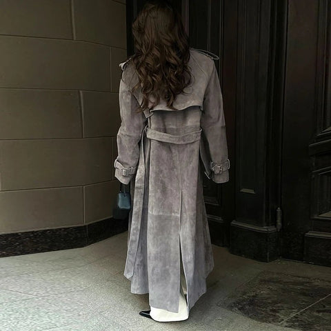 Street Solid Long Women Coat Casual Belt Long Sleeve Patchwork Double Breasted Female Jacket Autumn Lady Streetwear - American Thistle Street Solid Long Women Coat Casual Belt Long Sleeve Patchwork Double Breasted Female Jacket Autumn Lady Streetwear