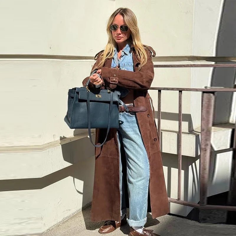 Street Solid Long Women Coat Casual Belt Long Sleeve Patchwork Double Breasted Female Jacket Autumn Lady Streetwear - American Thistle Street Solid Long Women Coat Casual Belt Long Sleeve Patchwork Double Breasted Female Jacket Autumn Lady Streetwear