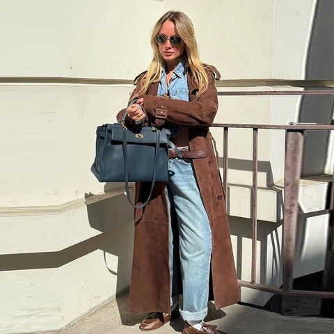 Street Solid Long Women Coat Casual Belt Long Sleeve Patchwork Double Breasted Female Jacket Autumn Lady Streetwear - American Thistle Street Solid Long Women Coat Casual Belt Long Sleeve Patchwork Double Breasted Female Jacket Autumn Lady Streetwear