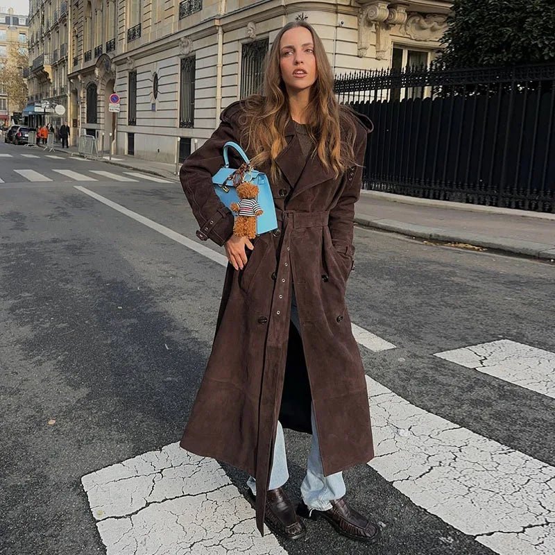 Street Solid Long Women Coat Casual Belt Long Sleeve Patchwork Double Breasted Female Jacket Autumn Lady Streetwear - American Thistle Street Solid Long Women Coat Casual Belt Long Sleeve Patchwork Double Breasted Female Jacket Autumn Lady Streetwear