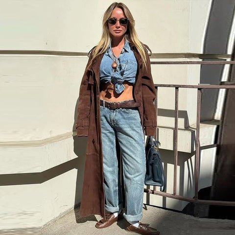 Street Solid Long Women Coat Casual Belt Long Sleeve Patchwork Double Breasted Female Jacket Autumn Lady Streetwear - American Thistle Street Solid Long Women Coat Casual Belt Long Sleeve Patchwork Double Breasted Female Jacket Autumn Lady Streetwear