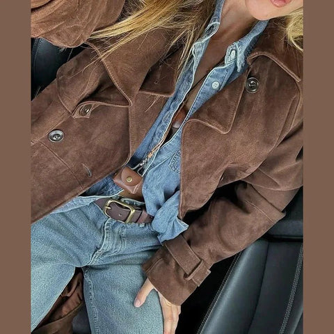 Street Solid Long Women Coat Casual Belt Long Sleeve Patchwork Double Breasted Female Jacket Autumn Lady Streetwear - American Thistle Street Solid Long Women Coat Casual Belt Long Sleeve Patchwork Double Breasted Female Jacket Autumn Lady Streetwear