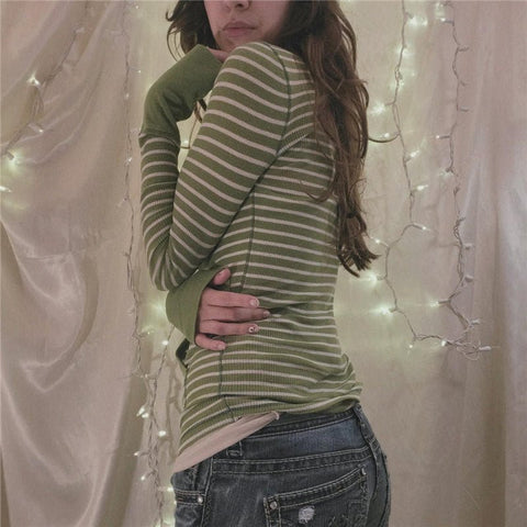 Stripe T Shirts for Women Button V Neck Long Sleeve Tops - American Thistle Stripe T Shirts for Women Button V Neck Long Sleeve Tops