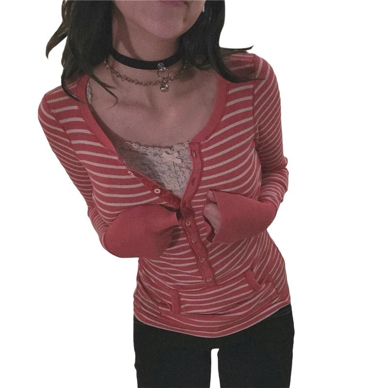 Stripe T Shirts for Women Button V Neck Long Sleeve Tops - American Thistle Stripe T Shirts for Women Button V Neck Long Sleeve Tops