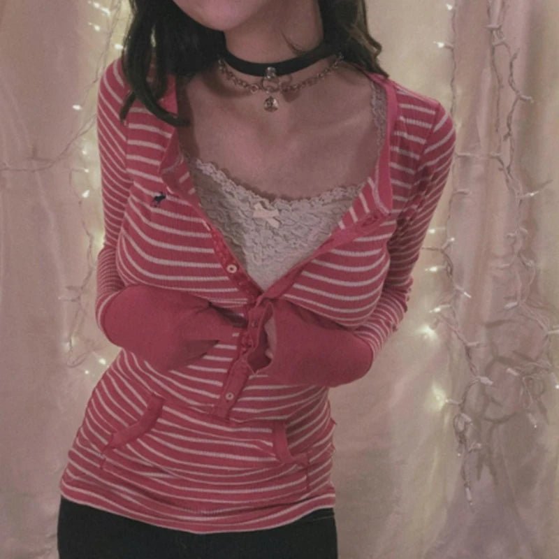 Stripe T Shirts for Women Button V Neck Long Sleeve Tops - American Thistle Stripe T Shirts for Women Button V Neck Long Sleeve Tops