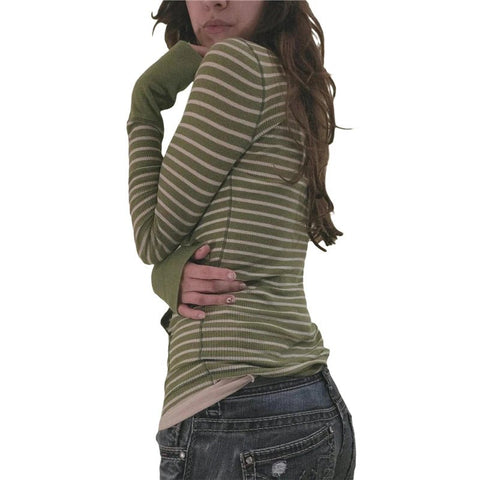 Stripe T Shirts for Women Button V Neck Long Sleeve Tops - American Thistle Stripe T Shirts for Women Button V Neck Long Sleeve Tops