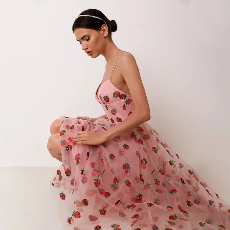 Summer Dress French Style Strawberry Sequined Long Mesh Dress Slimming Halter - American Thistle Summer Dress French Style Strawberry Sequined Long Mesh Dress Slimming Halter