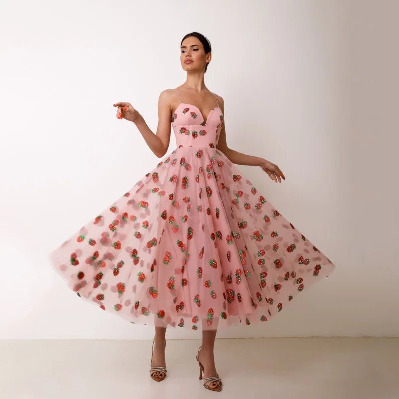 Summer Dress French Style Strawberry Sequined Long Mesh Dress Slimming Halter - American Thistle Summer Dress French Style Strawberry Sequined Long Mesh Dress Slimming Halter